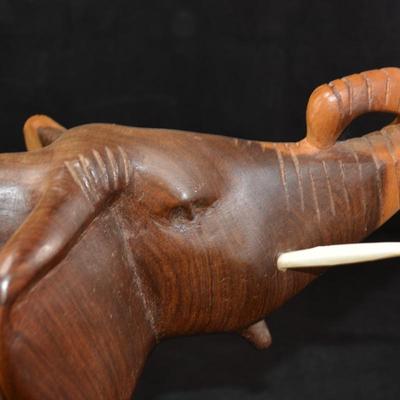 Hand Carved Wooden Elephant with Bone Tusks 10.5" Tall