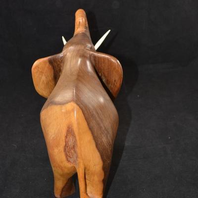 Hand Carved Wooden Elephant with Bone Tusks 10.5" Tall