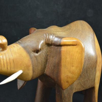 Hand Carved Wooden Elephant with Bone Tusks 10.5" Tall