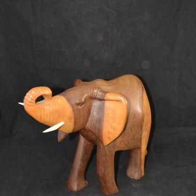 Hand Carved Wooden Elephant with Bone Tusks 10.5" Tall