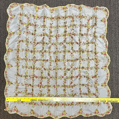Vintage Dainty Scalloped Edged Scarf with orange & yellow flowers on white background
