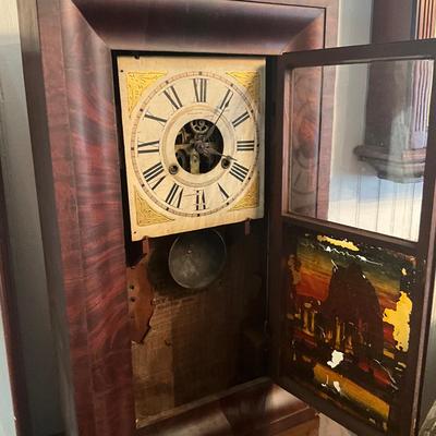 943 Antique Terry & Andrews Ogee Clock with Reverse Painting and Key