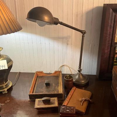 946 Vintage Brass Desk Lamp with Leather Desk Set and Journal