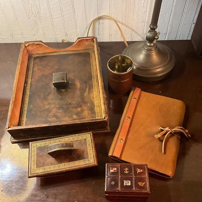 946 Vintage Brass Desk Lamp with Leather Desk Set and Journal