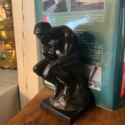 950 Pair of Antique Bronze The Thinker after Rodin Bookends with Nautical Book Lot