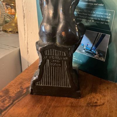 950 Pair of Antique Bronze The Thinker after Rodin Bookends with Nautical Book Lot