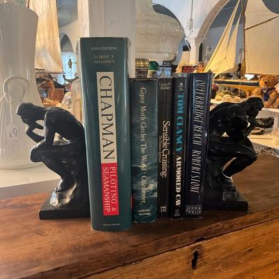 950 Pair of Antique Bronze The Thinker after Rodin Bookends with Nautical Book Lot
