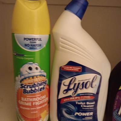 FULL Cleaning chemicals - Kaboom - Clorox wipes - Lysol toilet cleaner - and Scrubbing bubbles.