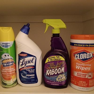 FULL Cleaning chemicals - Kaboom - Clorox wipes - Lysol toilet cleaner - and Scrubbing bubbles.