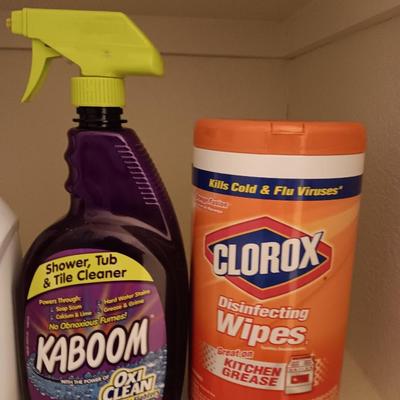 FULL Cleaning chemicals - Kaboom - Clorox wipes - Lysol toilet cleaner - and Scrubbing bubbles.