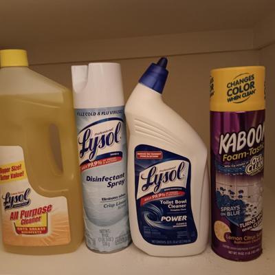 FULL Cleaning chemicals - Kaboom - Lysol lemon scent - Lysol toilet cleaner - and Lysol disinfectant spray