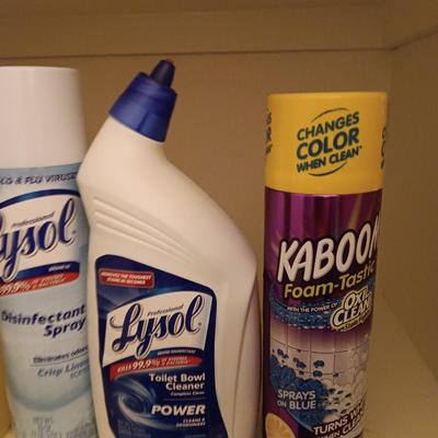 FULL Cleaning chemicals - Kaboom - Lysol lemon scent - Lysol toilet cleaner - and Lysol disinfectant spray