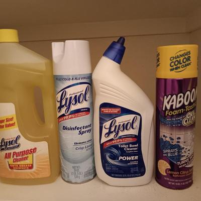 FULL Cleaning chemicals - Kaboom - Lysol lemon scent - Lysol toilet cleaner - and Lysol disinfectant spray