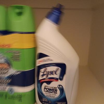 FULL Cleaning chemicals - Lysol lemon scent all-purpose spray - Lysol toilet cleaner - and two Bathroom cleaners