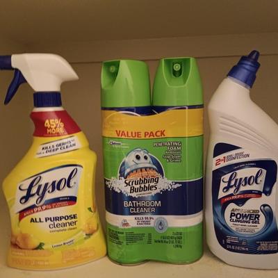 FULL Cleaning chemicals - Lysol lemon scent all-purpose spray - Lysol toilet cleaner - and two Bathroom cleaners