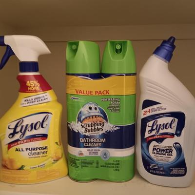 FULL Cleaning chemicals - Lysol lemon scent all-purpose spray - Lysol toilet cleaner - and two Bathroom cleaners