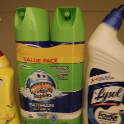 FULL Cleaning chemicals - Lysol lemon scent all-purpose spray - Lysol toilet cleaner - and two Bathroom cleaners