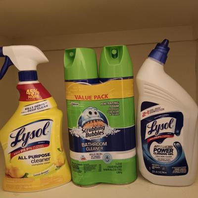 FULL Cleaning chemicals - Lysol lemon scent all-purpose spray - Lysol toilet cleaner - and two Bathroom cleaners