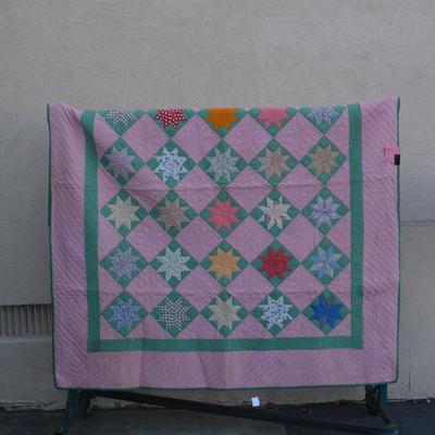 Pink and Green Hand Pieced & Hand Stitched Lone Star Quilt AS IS 70"x80"
