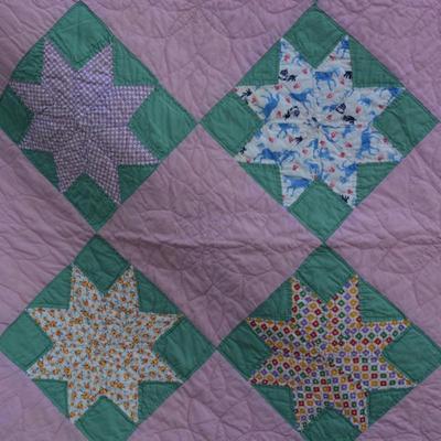 Pink and Green Hand Pieced & Hand Stitched Lone Star Quilt AS IS 70"x80"