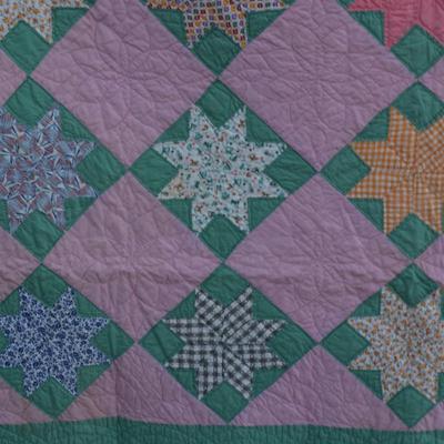 Pink and Green Hand Pieced & Hand Stitched Lone Star Quilt AS IS 70"x80"