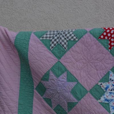 Pink and Green Hand Pieced & Hand Stitched Lone Star Quilt AS IS 70"x80"