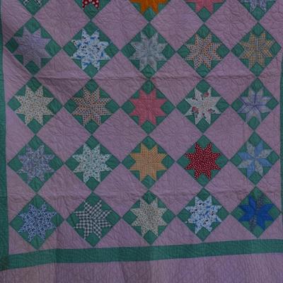 Pink and Green Hand Pieced & Hand Stitched Lone Star Quilt AS IS 70"x80"
