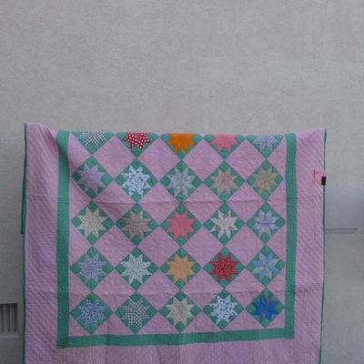 Pink and Green Hand Pieced & Hand Stitched Lone Star Quilt AS IS 70"x80"