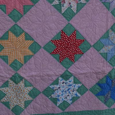 Pink and Green Hand Pieced & Hand Stitched Lone Star Quilt AS IS 70"x80"