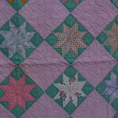 Pink and Green Hand Pieced & Hand Stitched Lone Star Quilt AS IS 70"x80"