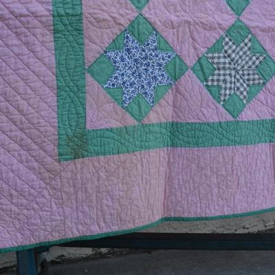 Pink and Green Hand Pieced & Hand Stitched Lone Star Quilt AS IS 70"x80"