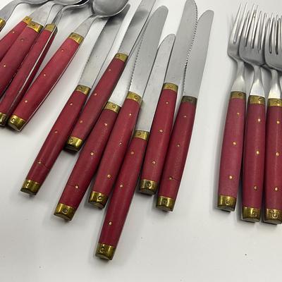 954 Set of Vintage Brass and Red Handled Made in France Flatware