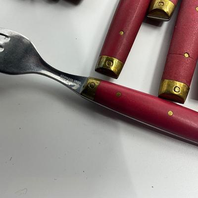 954 Set of Vintage Brass and Red Handled Made in France Flatware