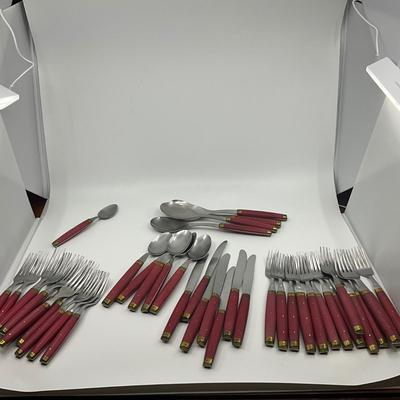 954 Set of Vintage Brass and Red Handled Made in France Flatware