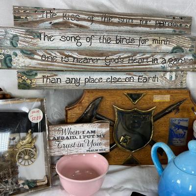 Vintage note pads, decor signs, tea pots
