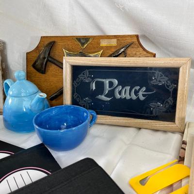 Vintage note pads, decor signs, tea pots