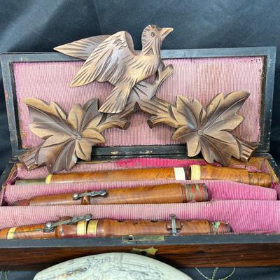 Early 19th century bone/ wood Flute, 1970 fiber flowers