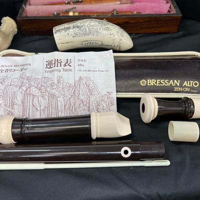 Early 19th century bone/ wood Flute, 1970 fiber flowers