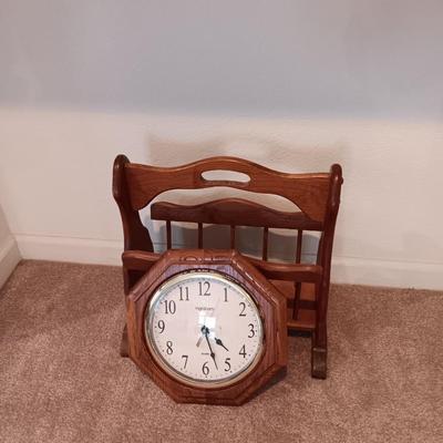 Wooden magazine rack and wood framed Ingham wall clock