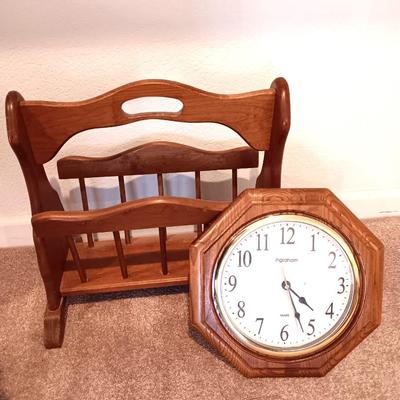 Wooden magazine rack and wood framed Ingham wall clock