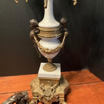 958 Louis XIV Style Bronze and Marble Candelabra with Cherub Pulls
