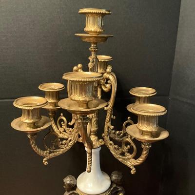 958 Louis XIV Style Bronze and Marble Candelabra with Cherub Pulls
