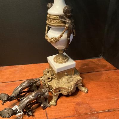 958 Louis XIV Style Bronze and Marble Candelabra with Cherub Pulls