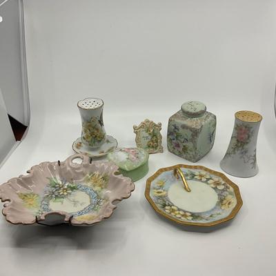 960 Lot of Handpainted Porcelain Hat Pin , Jars, Nappy and Plate with Covered Heart Box