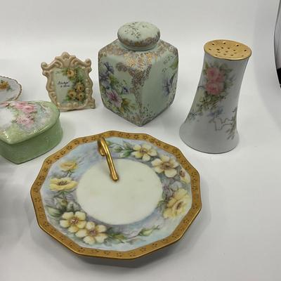 960 Lot of Handpainted Porcelain Hat Pin , Jars, Nappy and Plate with Covered Heart Box