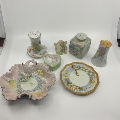960 Lot of Handpainted Porcelain Hat Pin , Jars, Nappy and Plate with Covered Heart Box