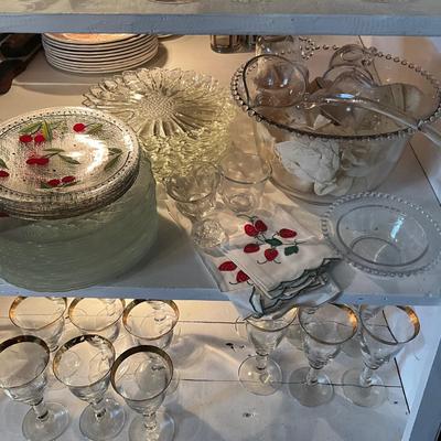 963 Large Glass Lot , Wine Glasses , Candlewick Punch Bowl, and Cherry Glass Plates and Sunflower Plates