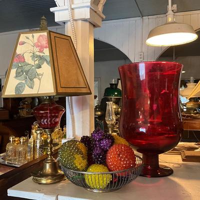 966 Vintage Cranberry Lamp with Beaded Fruit and Flashglass Hurricane Globe