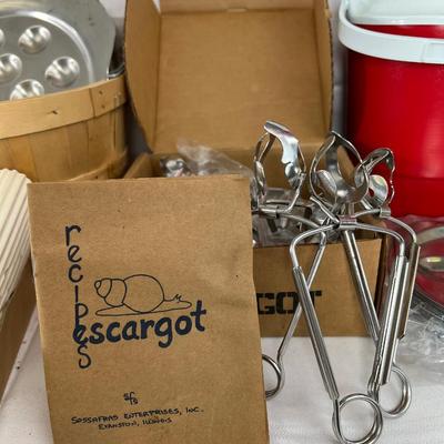 New old stock cooler and jug Escargot pans and tongs