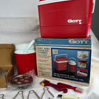 New old stock cooler and jug Escargot pans and tongs